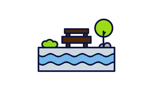 Flat scene of a wooden bench placed beneath a tree next to a small pond representing relaxation peaceful outdoor rest and a quiet park environment