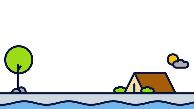 Wide illustration of a tree small pond and camping tent under a passing cloud representing a tranquil outdoor camping landscape and weekend getaway