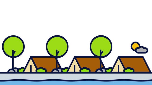 Illustration of multiple camping tents surrounded by trees along a small pond representing a group campsite gathering and outdoor nature adventure