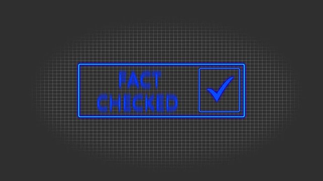 Blue neon Fact Checked animation with luminous check mark and modern verification frame over gray grid background. Excellent for media verification, business presentations, and online video content.