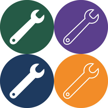 Four colorful circular icons containing wrench and spanner tool graphics with hardware
