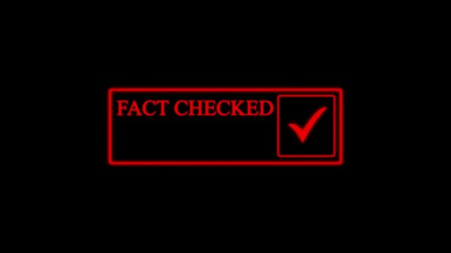 Minimal red Fact Checked verification title animation with glowing check symbol on black background. Great for news intros, media reports, YouTube videos, documentaries, and broadcast graphics.