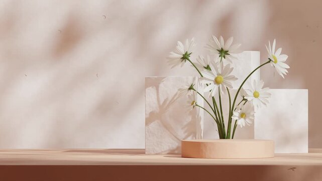 seamless shadow animation looping with white daisy flower and rough block, 3d footage render blank mockup of brown cylinder podium