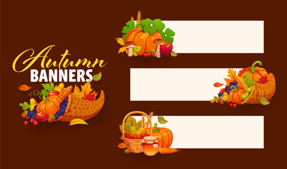 Naklejka premium Autumn season banners with fall leaves orange pumpkins, red apples, yellow pears, grapes, golden corn cob, mushrooms, cereal ears and berries. Vector harvest layouts with cornucopia and baskets