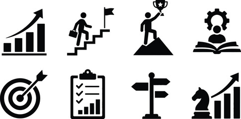 Fototapeta premium Professional Business Success and Strategy Icon Set for Career Growth, Goal Achievement, Leadership Development, Financial Progress, Strategic Planning, and Corporate Performance Analysis