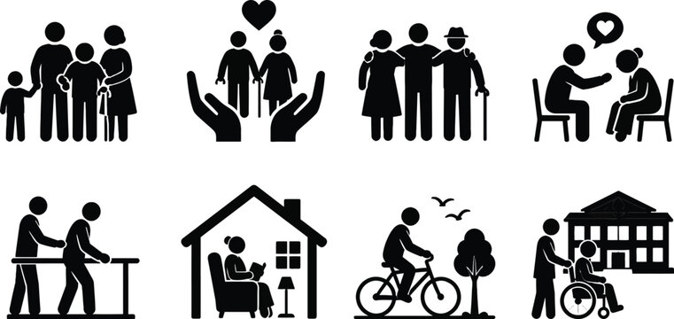 Comprehensive Vector Icon Set for Elderly Care, Senior Healthcare, Nursing Home Activities, and Family Support, featuring Assisted Living, Physical Therapy, and Retirement Life Scenes.