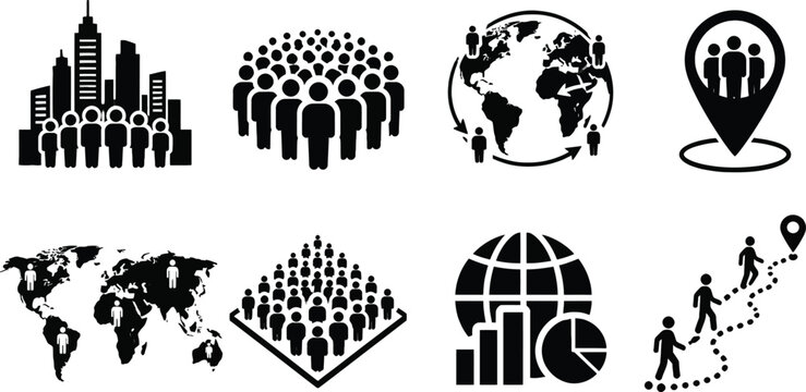 Global Population and Demographic Vector Icons Set Featuring World Maps, City Silhouettes, Crowd Symbols, Migration Paths, and Data Analytics for Professional Business Infographics.