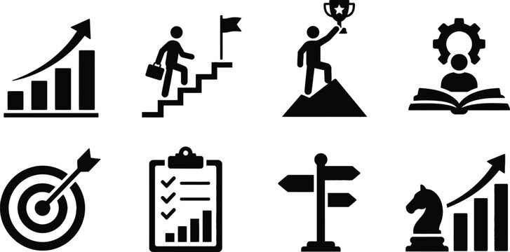 Professional Business Success and Strategy Icon Set for Career Growth, Goal Achievement, Leadership Development, Financial Progress, Strategic Planning, and Corporate Performance Analysis