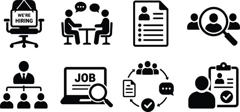Professional Recruitment and Hiring Vector Icon Set for Human Resources, Employment Agency, Career Job Search, Candidate Selection Process, Interview, Resume and Workforce Management Icons