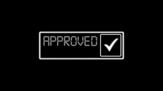 White digital APPROVED badge animation with glowing check mark on black background. Ideal for software interfaces, website verification, business approval, dashboards, and technology projects.