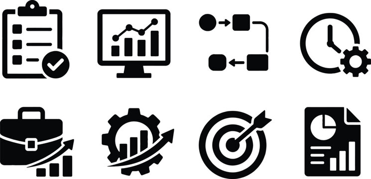 Professional Business Management and Productivity Icon Set Featuring Data Analytics, Financial Growth, Project Workflow, Strategic Goals, Time Management, and Office Statistics Vectors.