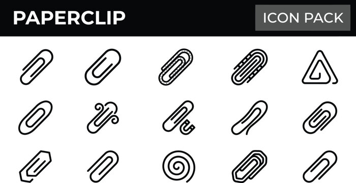 Minimalist paperclip icon pack, 15 black line office supply vector elements, stationery paper clip symbols for business and education