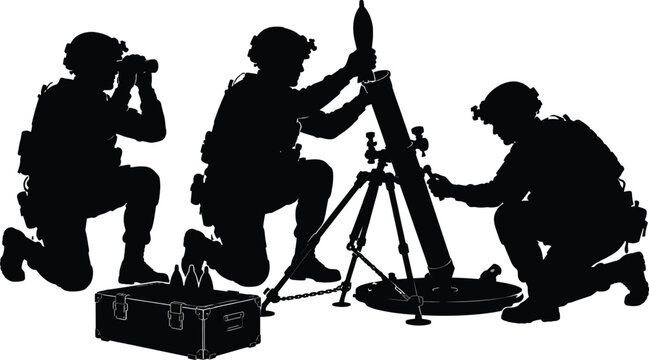 Military Silhouette Illustration of a Mortar Combat Team Loading and Aiming Heavy Artillery during a Tactical Battlefield Mission, Black and White Vector Art for Defense and War Themes.
