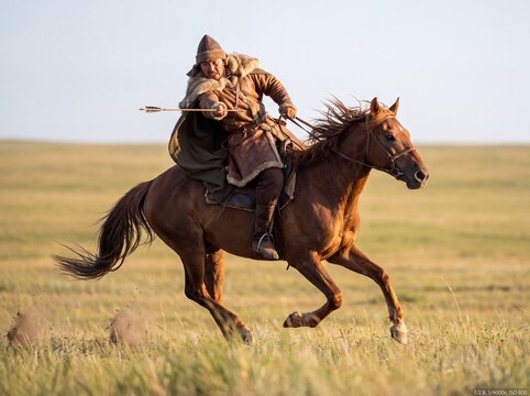 Mongol Warrior Archer on Horseback Shooting Backward During a Gallop