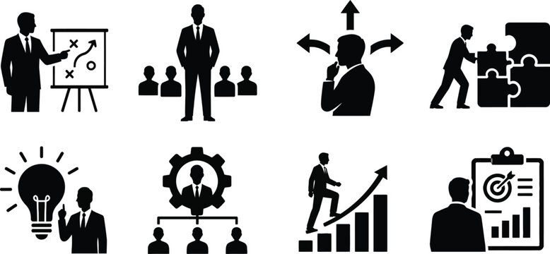 Business Management Icon Set: Corporate Leadership and Strategy, Career Growth, Innovation, Teamwork, Goal Achievement, Success Pictograms for Marketing and Infographic Design Vector Illustration.