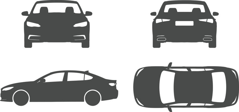 Professional Modern Sedan Vector Silhouettes: Front, Back, Side, and Top-Down Views. Ideal for Automotive Technical Blueprints, Design Projects, and Infographics. High-Quality Vector Art.