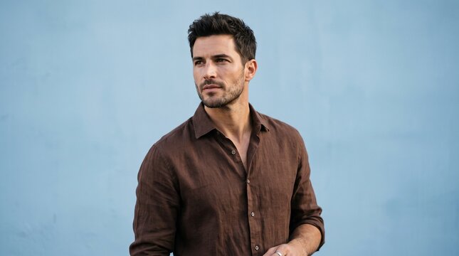 Portrait of a handsome man with a beard wearing a brown linen shirt, looking away against a plain blue background