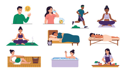 Fototapeta premium Healthy Lifestyle and Self Care Vector Icon Set Featuring Meditation Yoga Sleeping Running Healthy Cooking Spa Massage and Wellness Activities