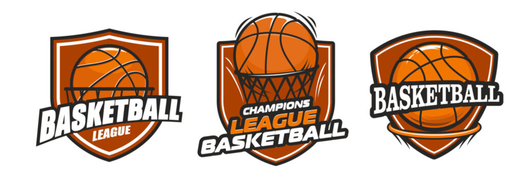Basketball sport club or team badge icons and tournament emblems. Vector set with basket, shield and ball symbols for academy, champion games, school, championship, athletic league and winner labels