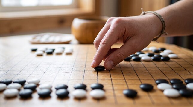 Close up of a hand placing a black stone on a Go board during a game