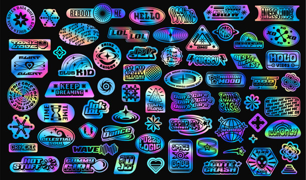Hologram y2k stickers and label patches of vector retro aesthetic shapes. Iridescent silver metal hologram stickers with aesthetic y2k globes, stars, hearts and lightning, groovy emoji and slogans