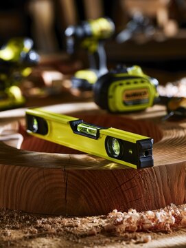 Green spirit level measuring precision on wooden surface