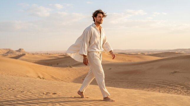A handsome man with wavy hair walking barefoot across the vast, golden sand dunes of a desert during a warm, glowing sunset