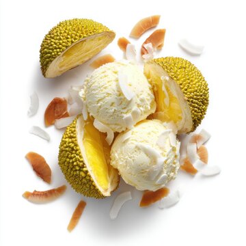 jackfruit ice cream scoops with coconut chips isolated on a white background