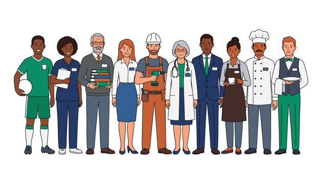 Group of diverse professionals from various industries standing together representing different occupations careers labor day and employment teamwork concept vector illustration.