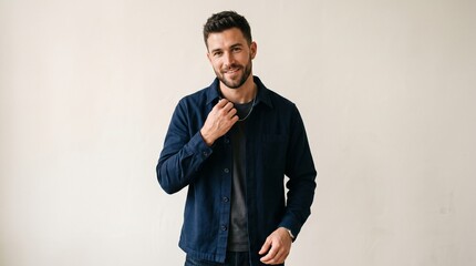 Obraz premium Portrait of a handsome young man with a beard wearing a dark blue overshirt and grey tshirt, smiling and looking at the camera against a neutral background