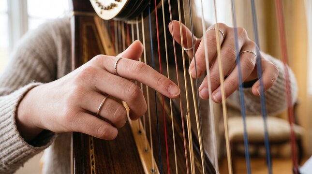 Close up of a person's hands playing a harp with delicate fingers plucking the strings