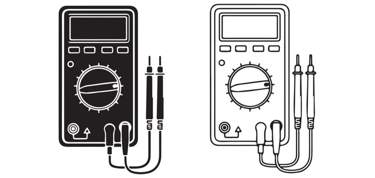 Digital multimeter vector icon set with test leads, electrical measuring instrument outline vector illustrator eps10