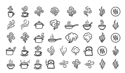 Fototapeta premium Steam and Smoke Line Icon Set, Hand Drawn Hot Food, Coffee Cup, Pan and Kettle Vapor Vector Outline Illustration