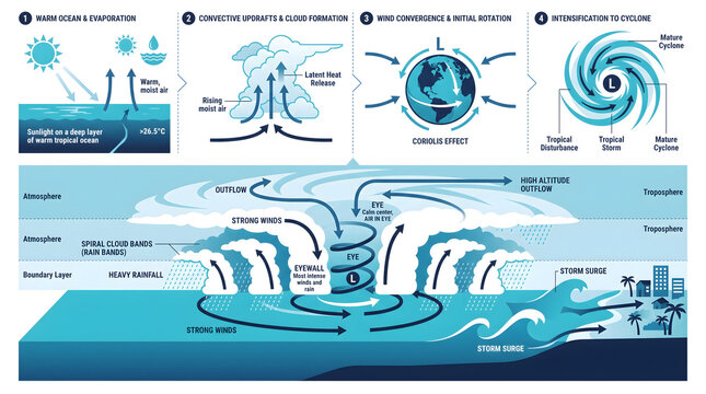 Cyclone formation illustrates the atmospheric progression from tropical disturbance to a mature spinning storm system.
