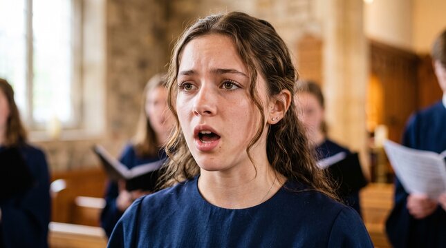 Young girl singing with mouth open in a choir performance inside a church