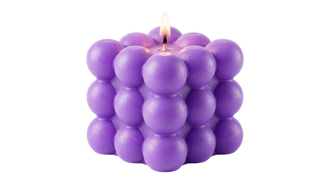 Purple bubble candle with burning flame, trendy geometric soy wax candle for home decor, aesthetic lavender scented candle isolated PNG with Transparent Background