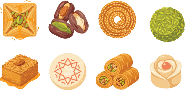 Traditional Middle Eastern and South Asian Sweets and Desserts Vector Illustration