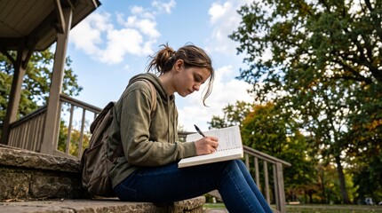 Fototapeta premium Young woman writing in notebook outdoors near wooden structure with trees and sky in background