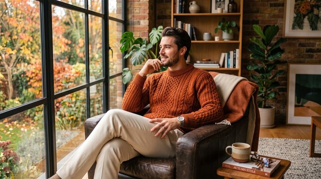 A handsome man in a cozy orange cableknit sweater sitting in a leather armchair by a window, looking out at an autumn garden scene in a warm, stylish home