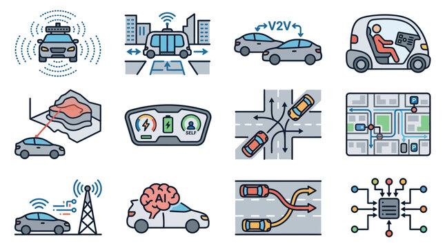 Autonomous vehicle technology and smart transportation icons set.