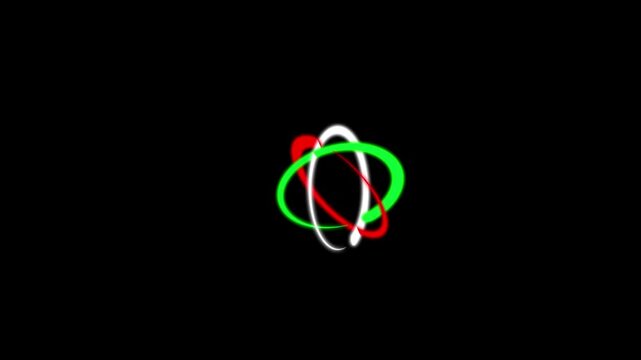 Triple glowing red, green and white neon atom rings rotate smoothly on a black background. Seamless futuristic loop ideal for AI, quantum science, advanced technology, research and motion graphics.