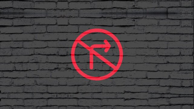 Right turn prohibition traffic sign centered against a dark industrial brick wall, illustrating clear navigation restrictions and strict regulatory guidelines for urban vehicle movement control.