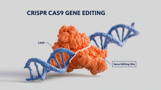 A scientific 3D rendering of CRISPR Cas9 gene editing targeting and cutting a DNA strand. This innovative graphic is ideal for biotechnology research and genetic engineering.