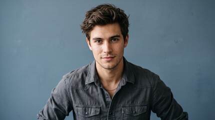 Obraz premium Portrait of a handsome young man with messy brown hair and a friendly smile, wearing a casual grey buttondown shirt against a solid blue studio background
