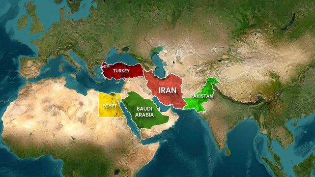Geopolitical Map Animation Highlighting Middle East and Asian Powers Inside a Focus Circle
