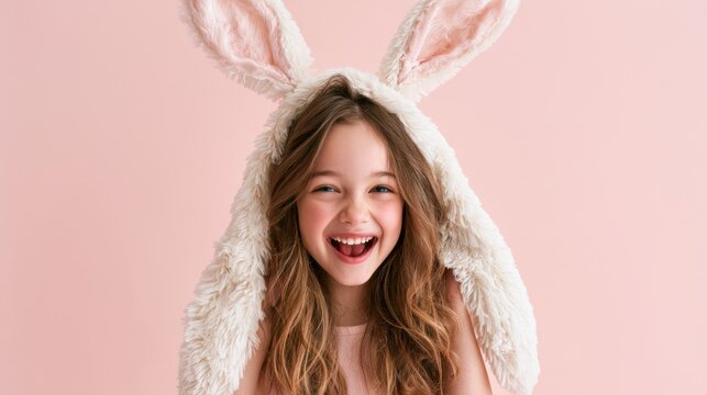 Happy little girl wearing fluffy bunny ears hood smiling with teeth showing laughing in front of pink background with long curly hair