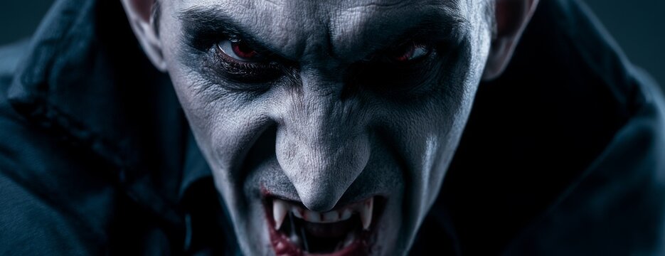 Sinister vampire with fangs and intense expression in dark setting, close-up photo  