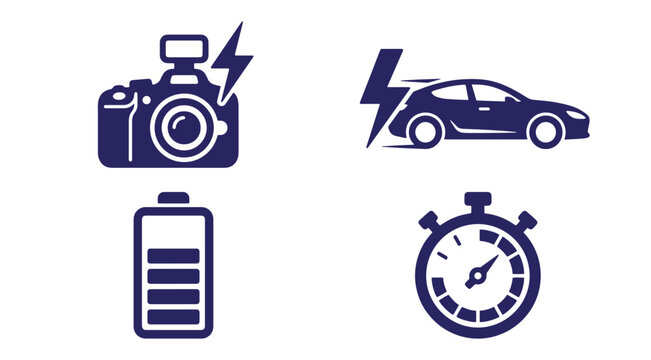 A set of four dark blue representing speed and power including a camera with a flash, a fast car with lightning, a battery, and a stopwatch