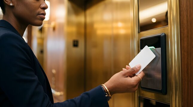 Businesswoman using key card to enter modern office building elevator