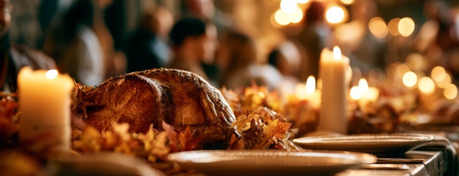 Roast turkey on a festive table surrounded by candles and autumn leaves  